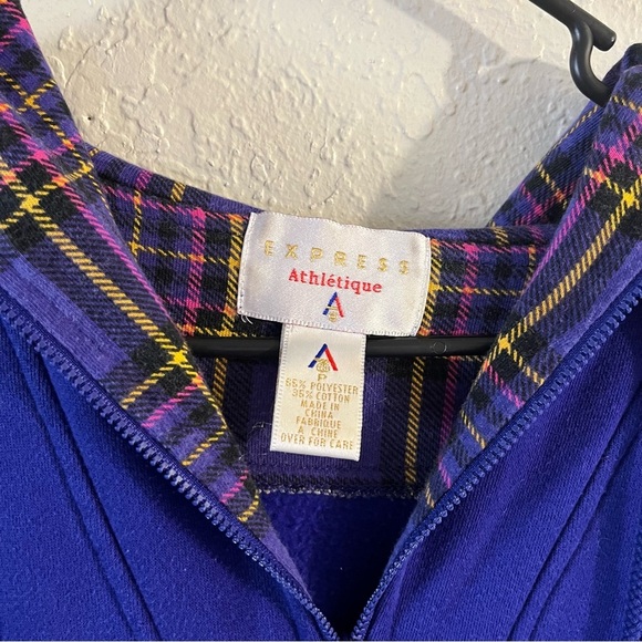 Vintage 90’s Express Athletique Purple and Plaid Embroidered Hoodie Size Small - Picture 3 of 11